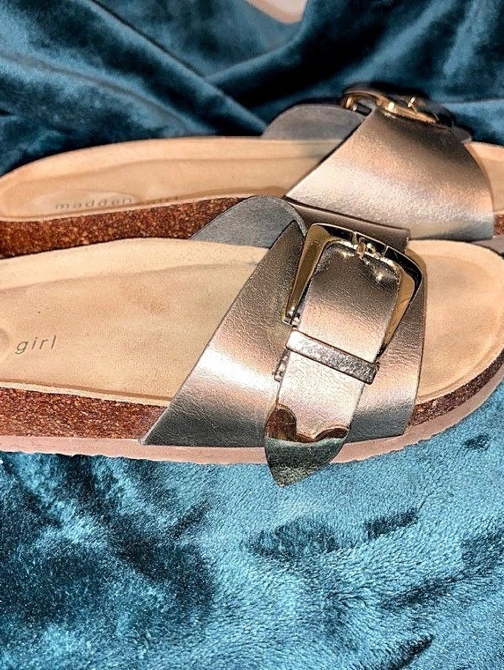 Madden Girl Bodie Footbed Sandal Buckle Slides Brown & Gold